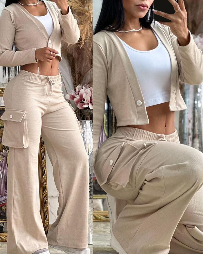 Buttoned Crop Top & Pocket Design Drawstring Pants Set