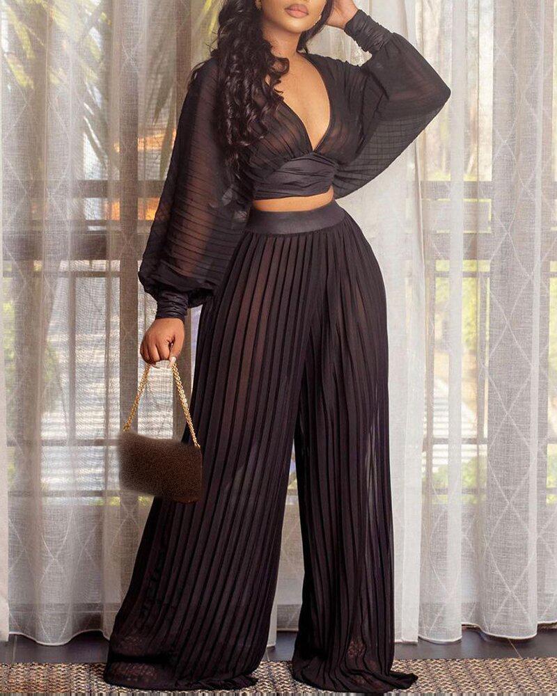 Lantern Sleeve Mesh Crop Top & Pleated Wide Leg Pants Sets