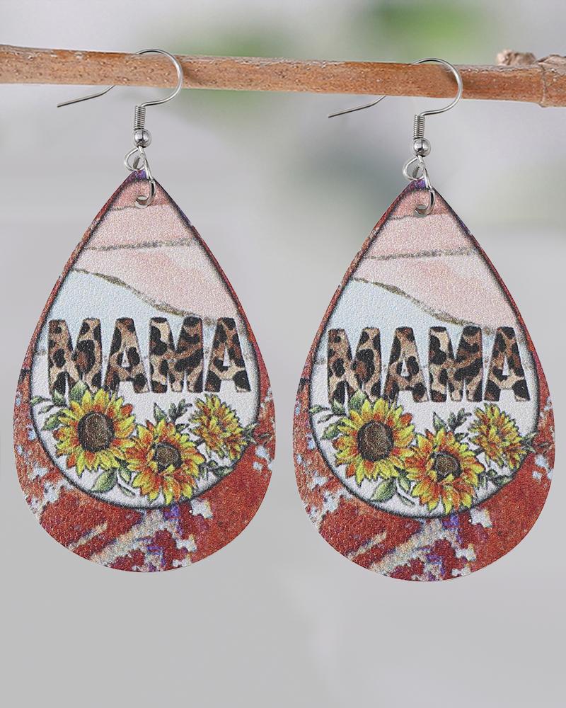 1Pair Mother's Day Mama Sunflower Leopard Print Waterdrop Earrings