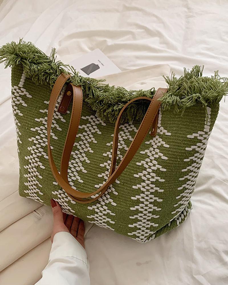 Raw Hem Large Capacity Braided Tote Bag