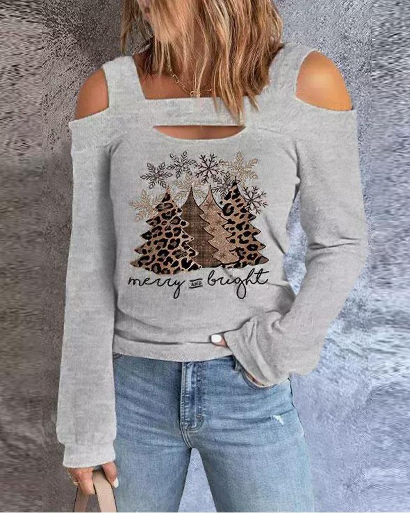 Christmas Tree Snowflake Print Cold Shoulder Top