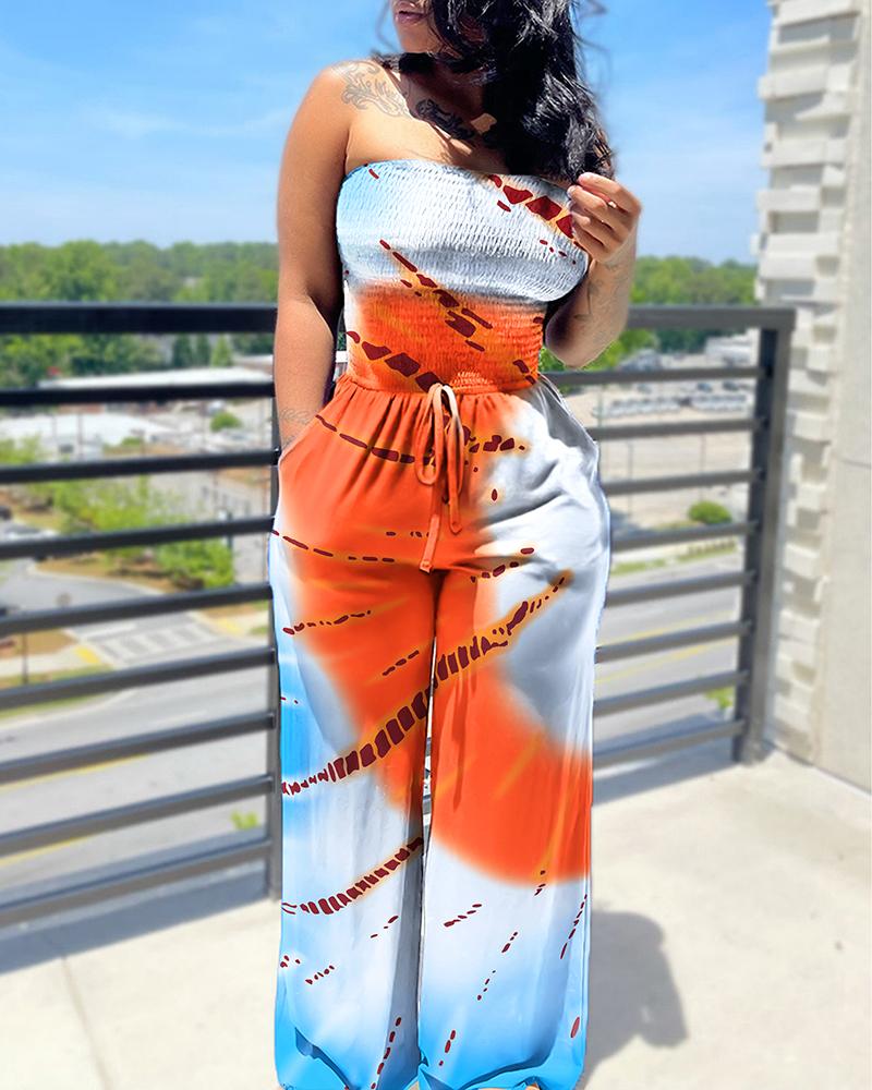 Tie Dye Print Shirred Bandeau Jumpsuit