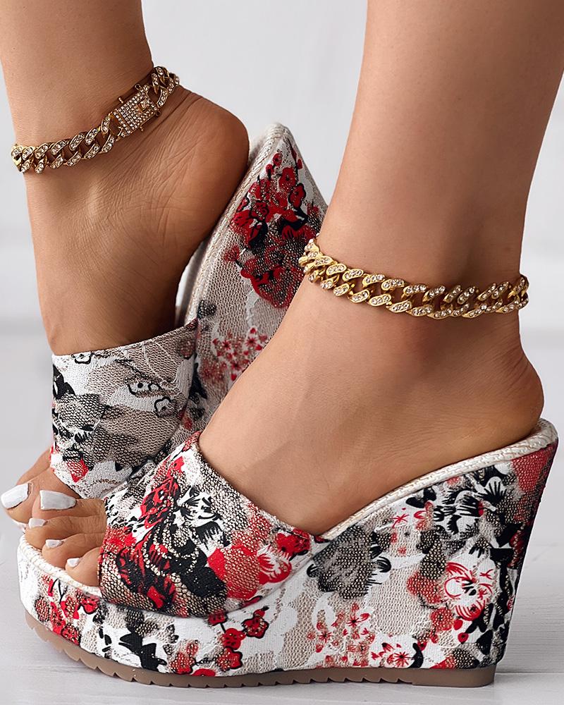 Wedges Shoes  ChicMe Vintage Floral Print Peep Toe Wedge Slippers