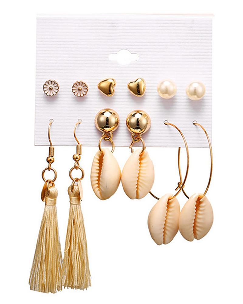 6 Pairs Beaded Hoop Tassel Ear Cuff Earring Set