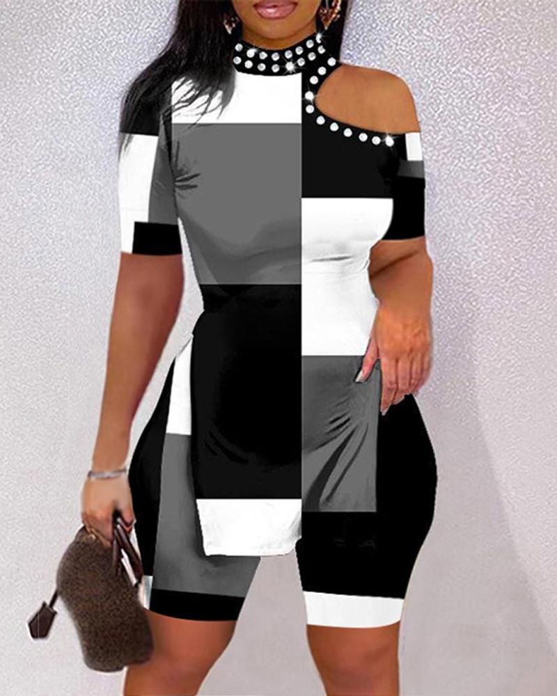 Colorblock Cold Shoulder Slit Top & Shorts Set