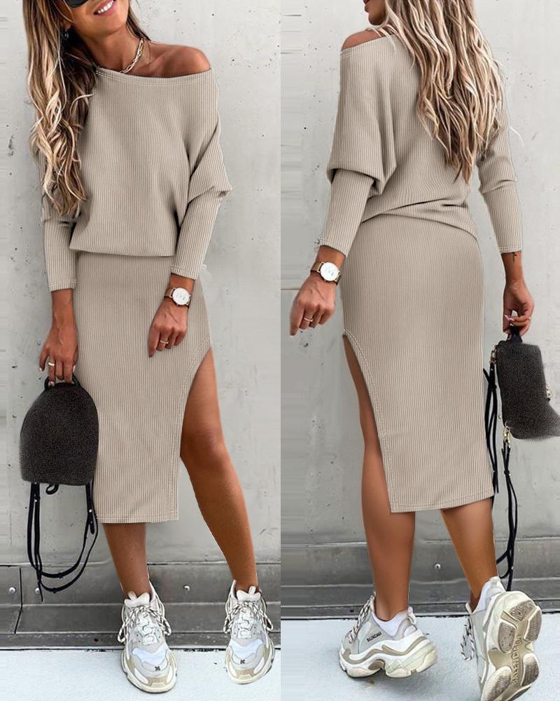 Gigot Sleeve Skew Neck Top & Slit Skirt Set