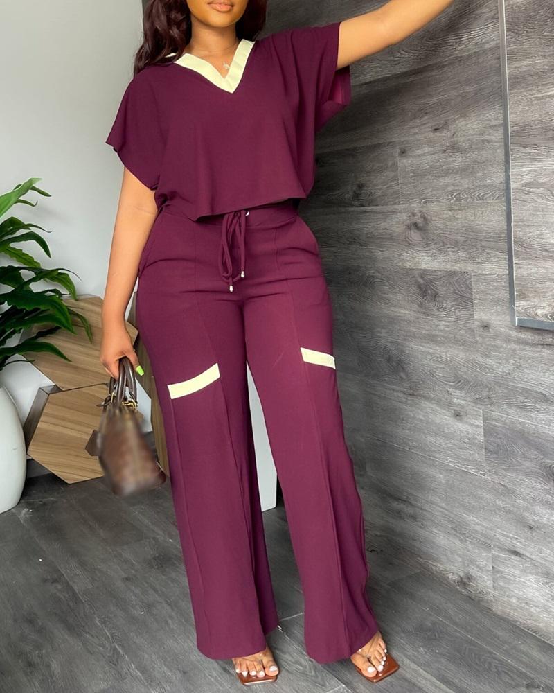 Contrast Paneled Crop T-shirt & High Waist Pants Set