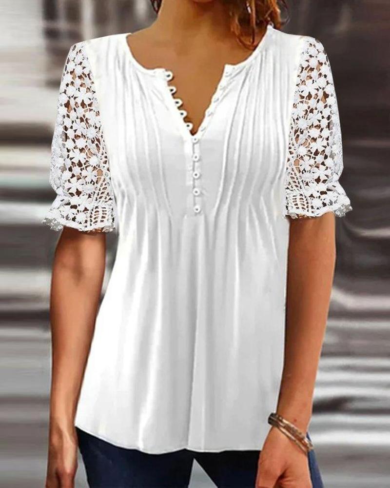 Contrast Lace Short Sleeve Button Front Top