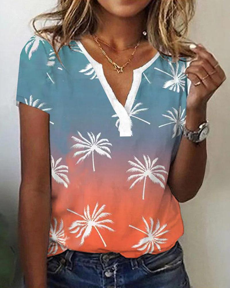 Ombre Coconut Tree Print Notch Neck Top