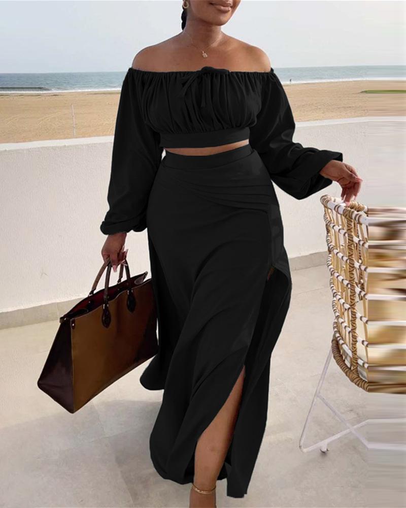 Ruched Lantern Sleeve Top & Slit Skirt Set