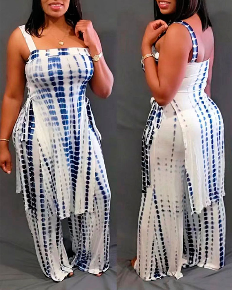 Tie Dye Print Slit Asymmetrical Top & Wide Leg Pants Set