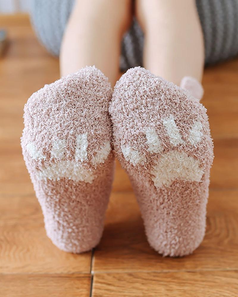 1Pair Bear Ears Heart Pattern Fuzzy Thermal Socks
