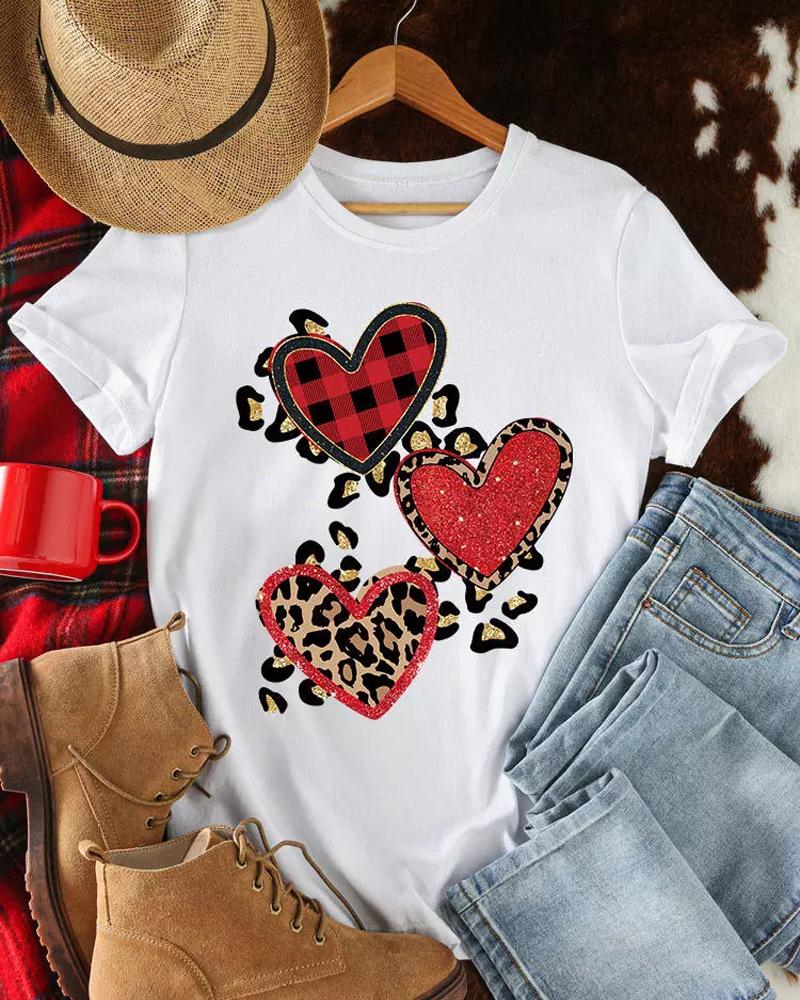 Valentine's Day Leopard Heart Print Casual T-shirt