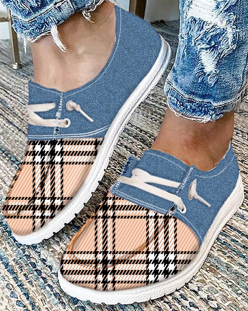 Plaid Print Colorblock Lace-up Slip On Sneakers