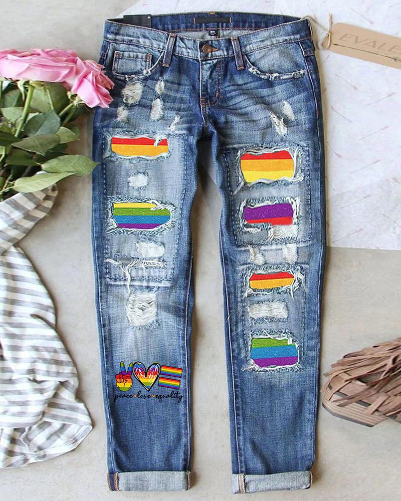   ChicMe Rainbow Stripe Graphic Heart Letter Print Patchwork Ripped Jeans