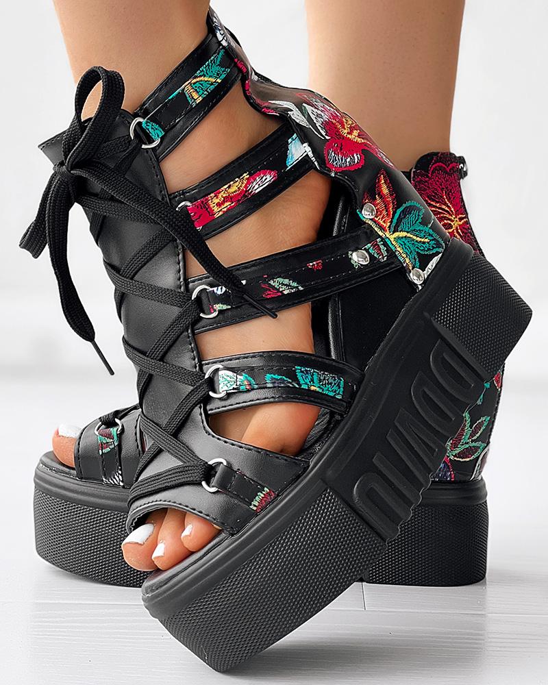 Wedges Shoes  ChicMe Floral Pattern Lace-up Platform Wedge Sandals