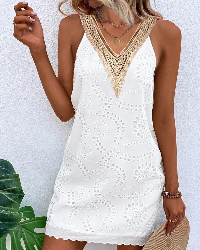 Contrast Lace Eyelet Embroidery Casual Dress