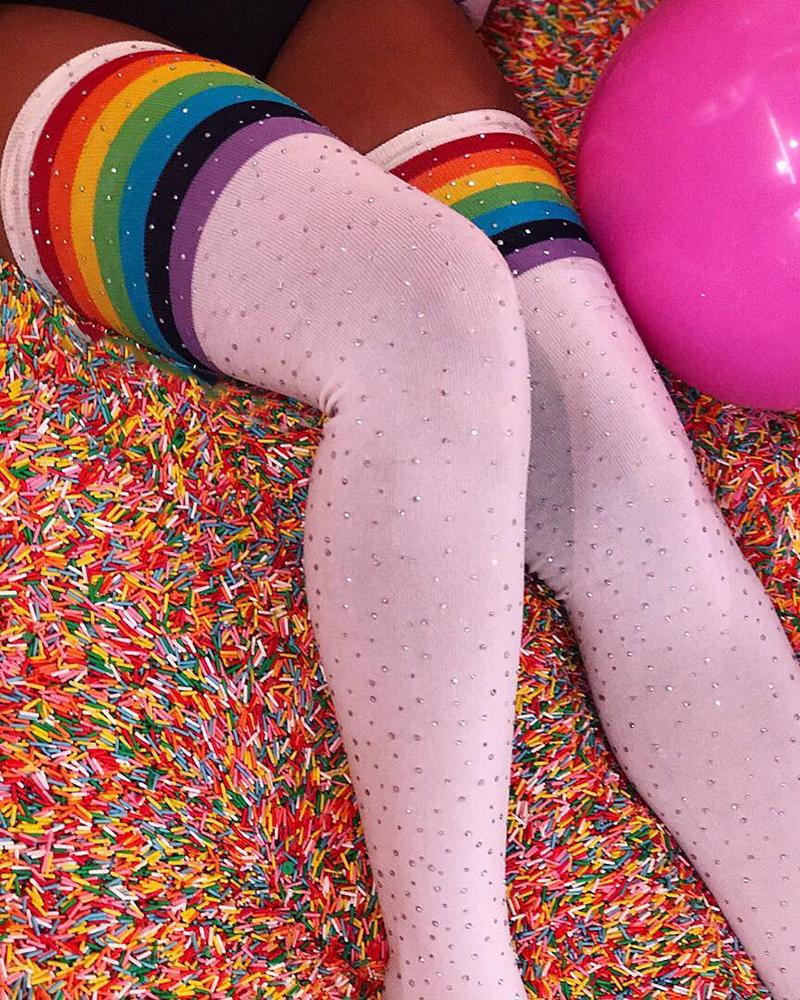 1Pair Rainbow Stripe Print Rhinestone Decor Long Socks