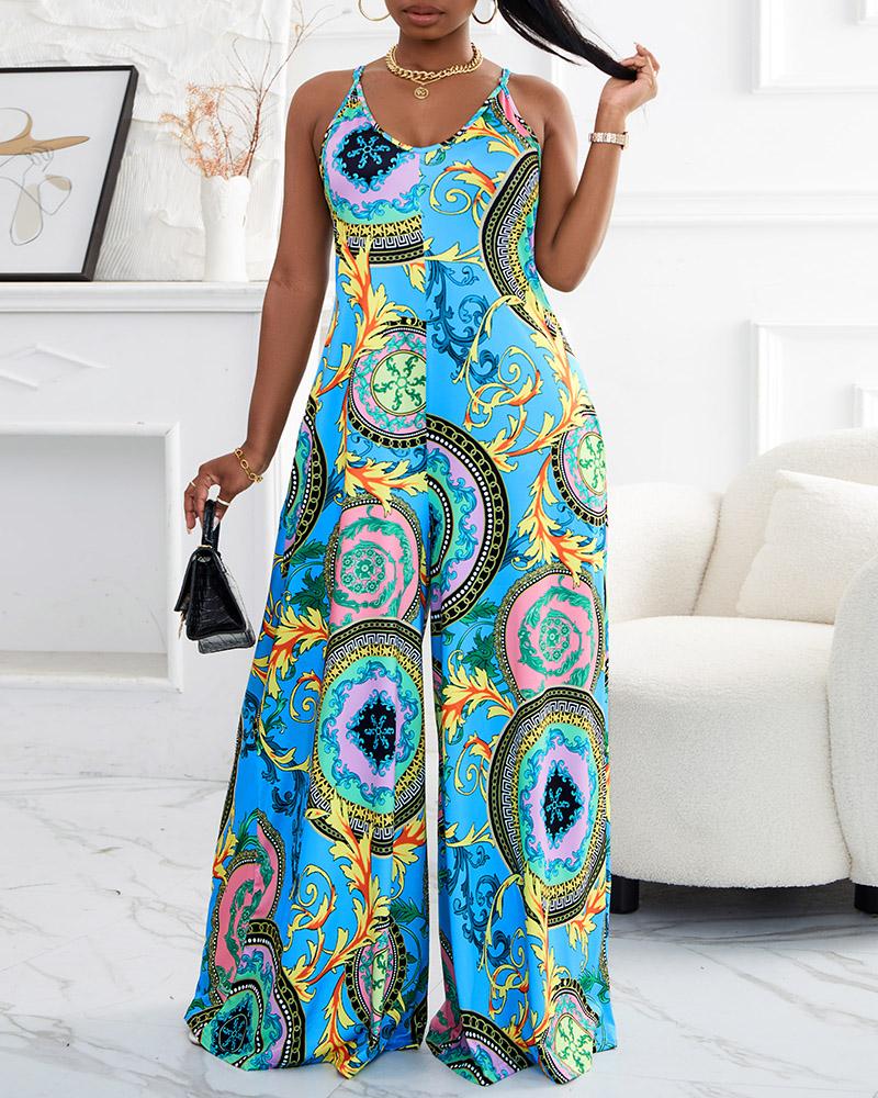 Jumpsuits&Rompers  ChicMe Plus Size Baroque Print Wide Leg Jumpsuit