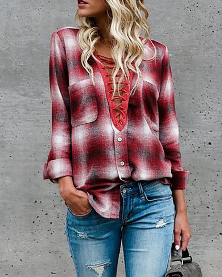 Trendy Tartan Lace-up Casual Blouse
