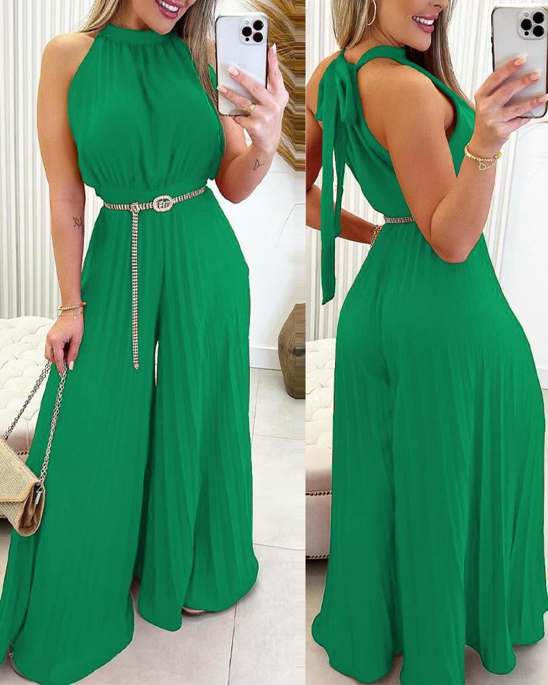 Sleeveless Pleated Wide Leg Jumpsuit Without Belt