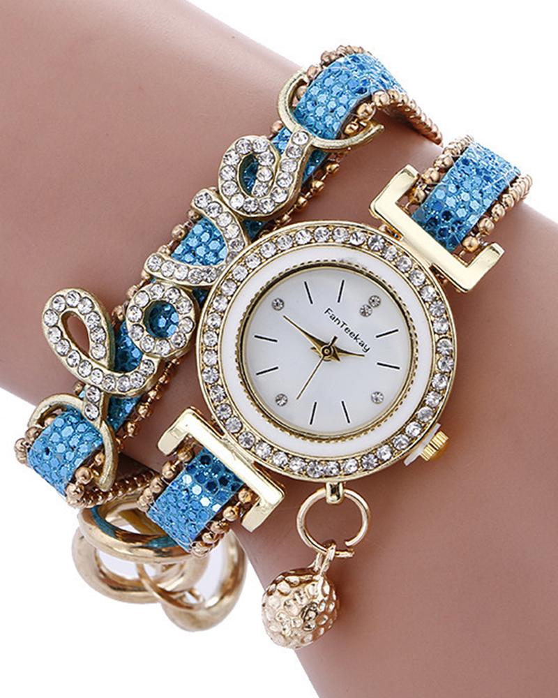 Watches  ChicMe 1pc Rhinestone Decor Lover Letter Pattern Bangle Quartz Watch