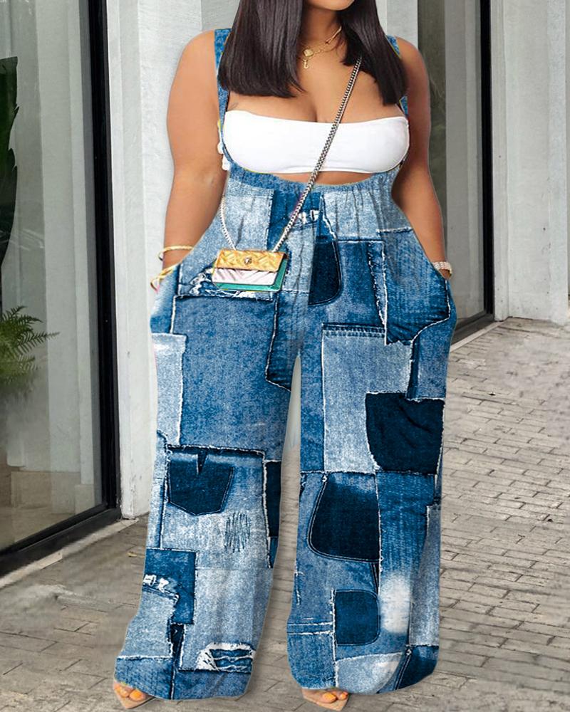 Plus Size Denim Look Print Wide Leg Suspender Jumpsuit