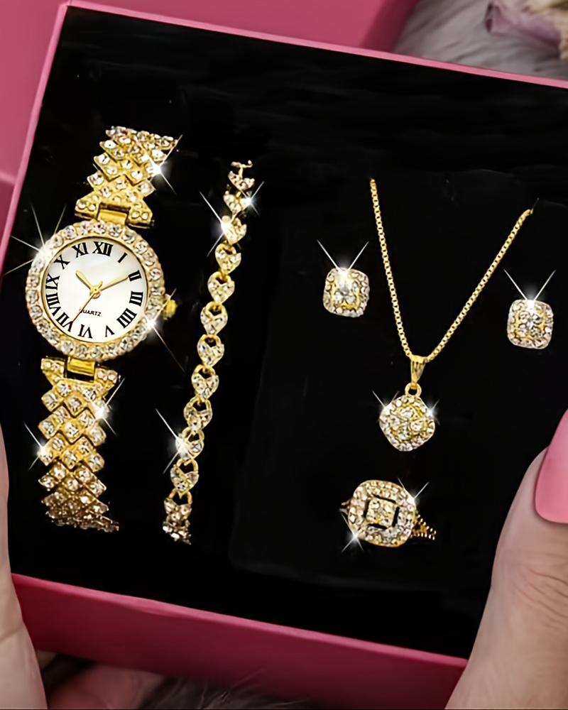 Watches 5pcs Allover Rhinestone Quartz Watch & Bracelet & Drop Earrings & Necklace & Ring Jewelry Gifts Set