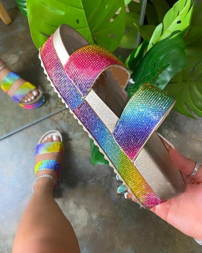 Flats-Sandals  ChicMe Rainbow Peep Toe Sequins Flat Sandals