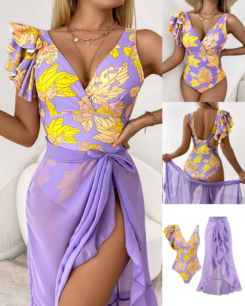   ChicMe Plants Print Ruffle Hem One-Piece Swimsuit With Cover Up