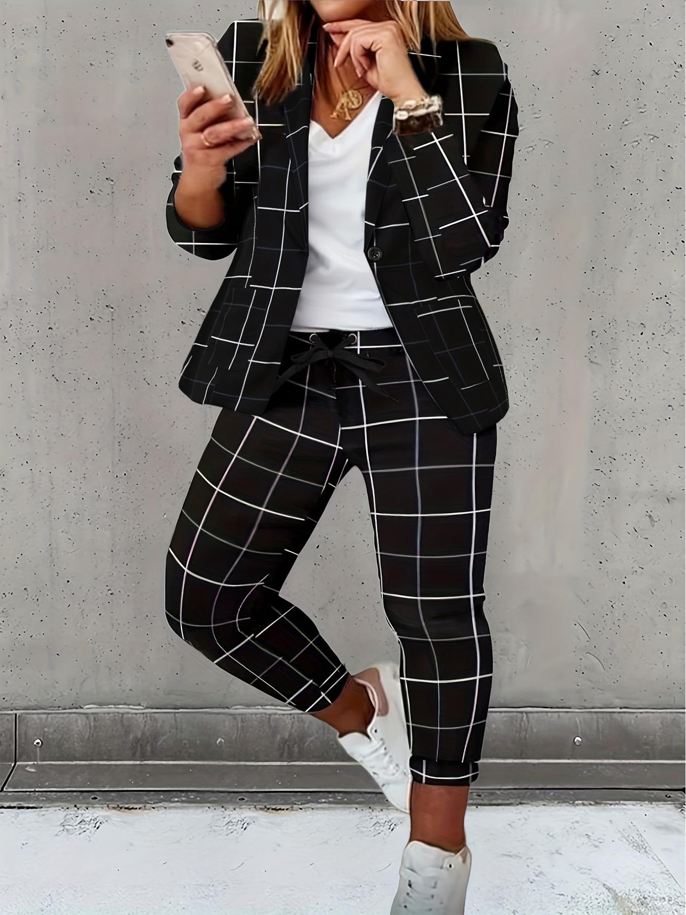 Plus Size Plaid Print Shawl Collar Blazer Coat & Pants Set