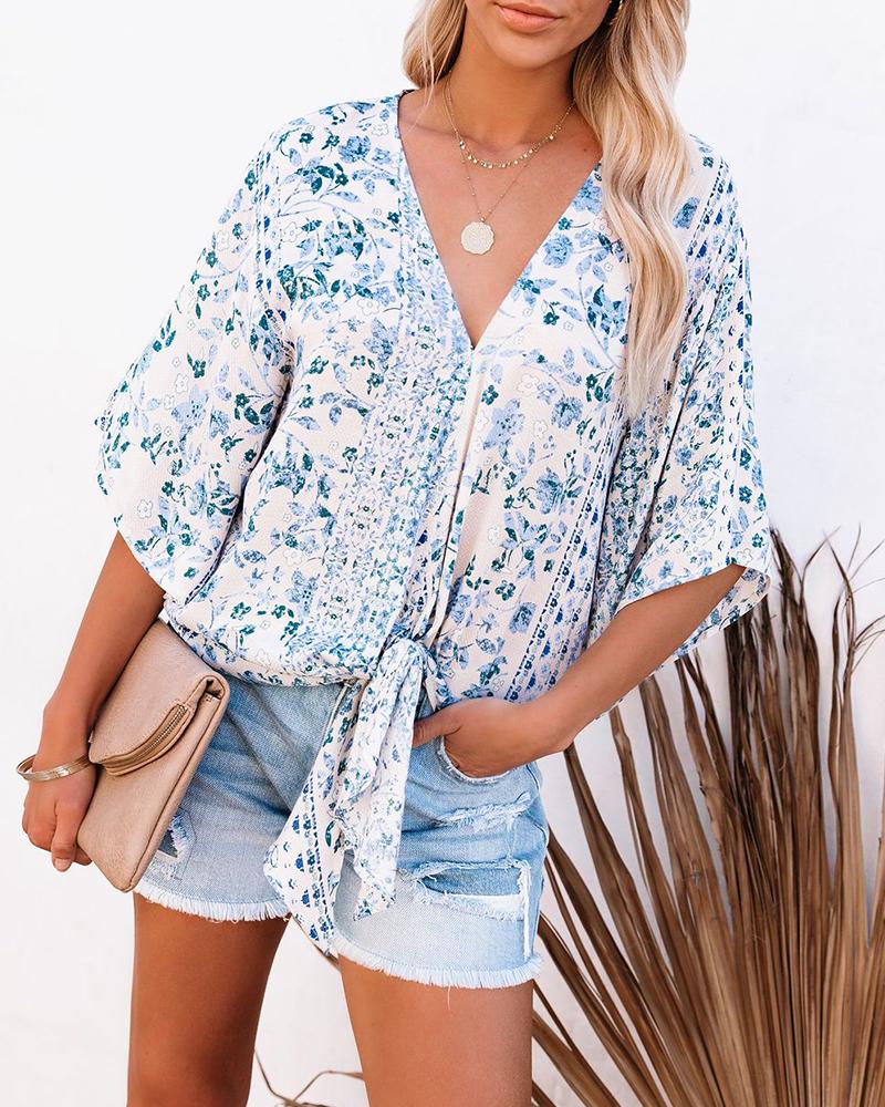 Floral Print Lace-up Half Sleeve Shirt