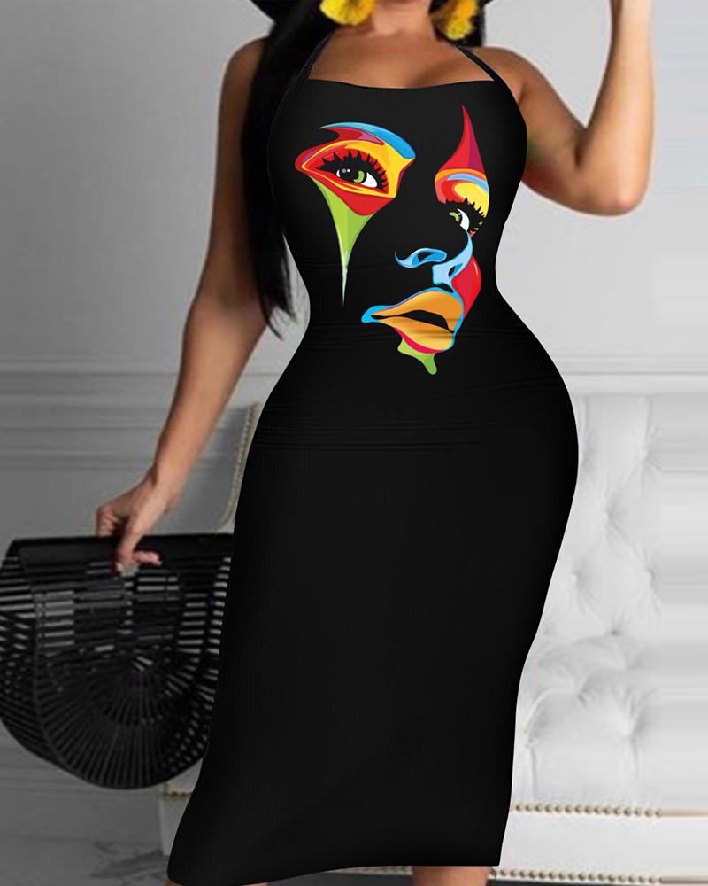 Abstract Figure Print Spaghetti Strap Bodycon Dress