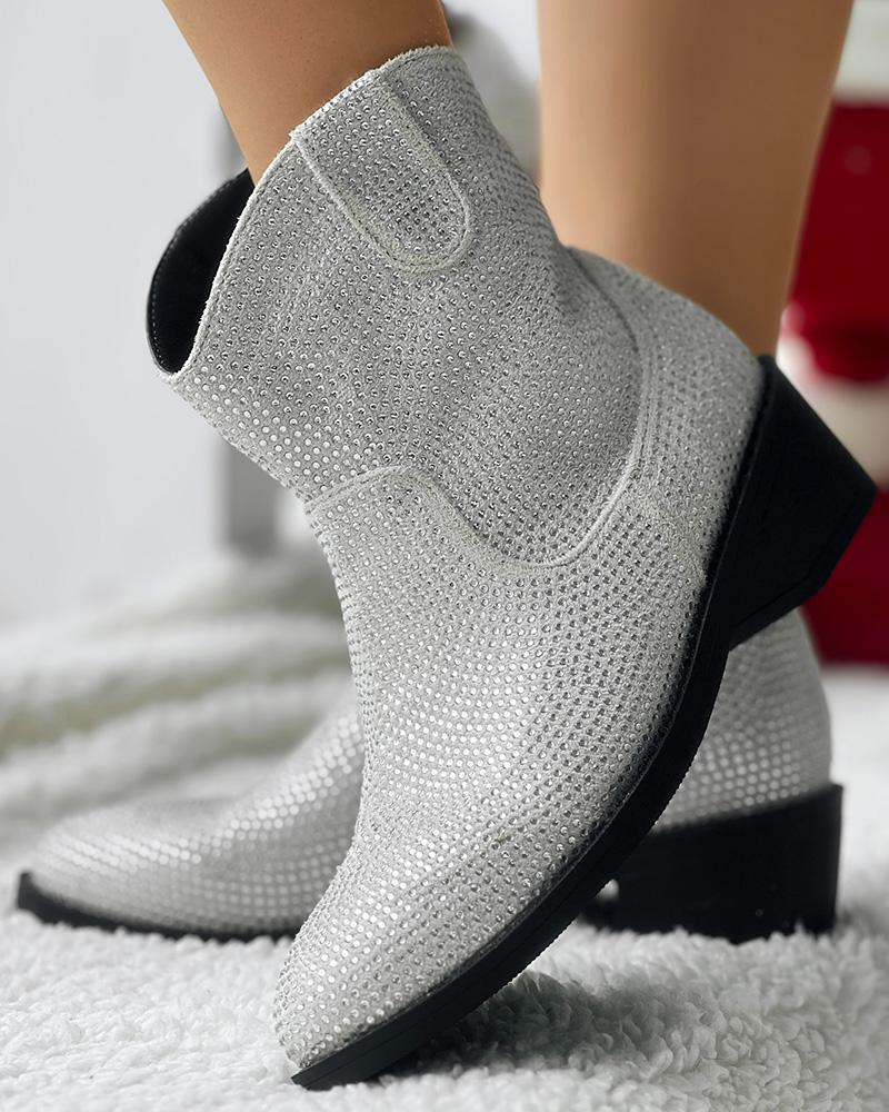 Rhinestone Decor Chunky Heel Ankle Boots