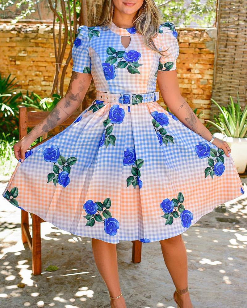 Floral Plaid Print Puff Sleeve Belted Dress