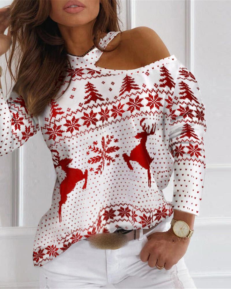 T-shirt & Tees  ChicMe Christmas Cold Shoulder Long Sleeve Top