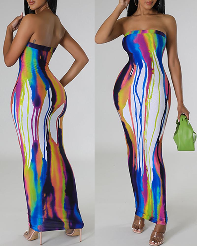 Tie Dye Print Bandeau Maxi Dress