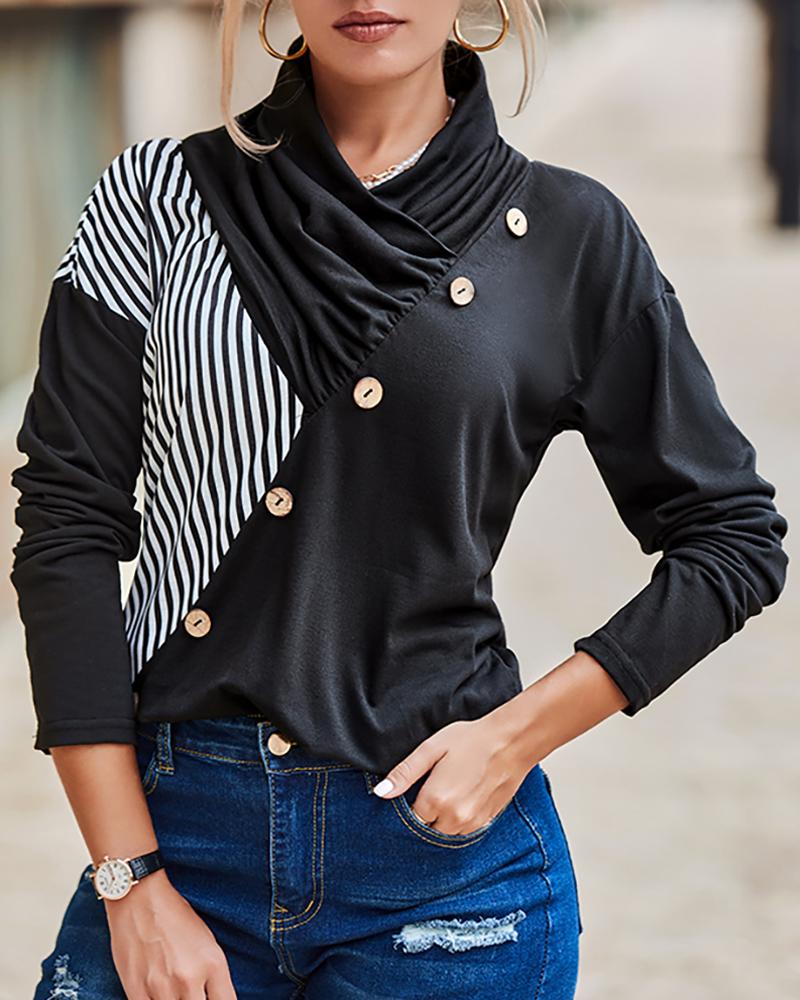 T-shirt & Tees Striped Patchwork Button Decor Long Sleeve Top