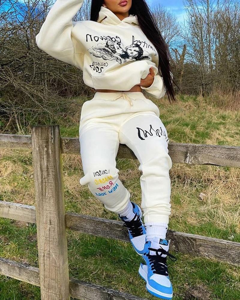 Letter Graphic Print Hooded Sweatshirt & Pants Set
