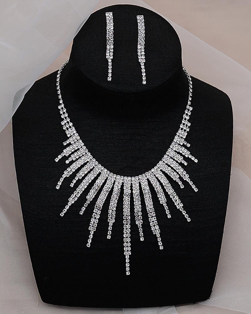 Rhinestone Tassel Drop Earrings & Necklace Jewelry Set