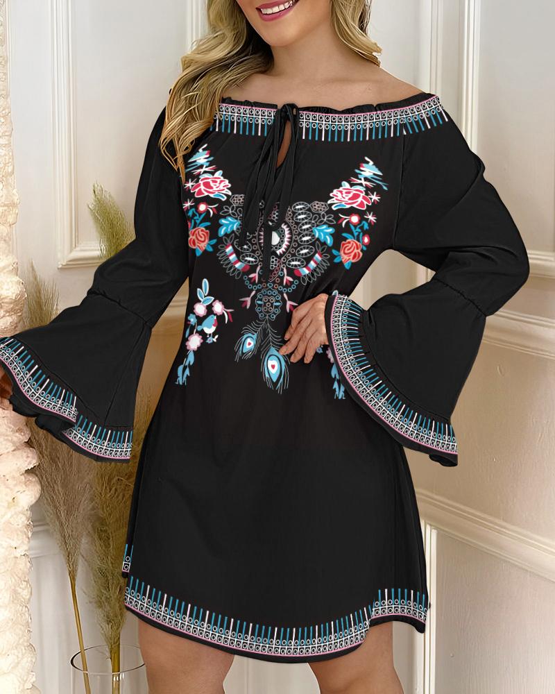 Floral Tribal Print Off Shoulder Bell Sleeve Dress