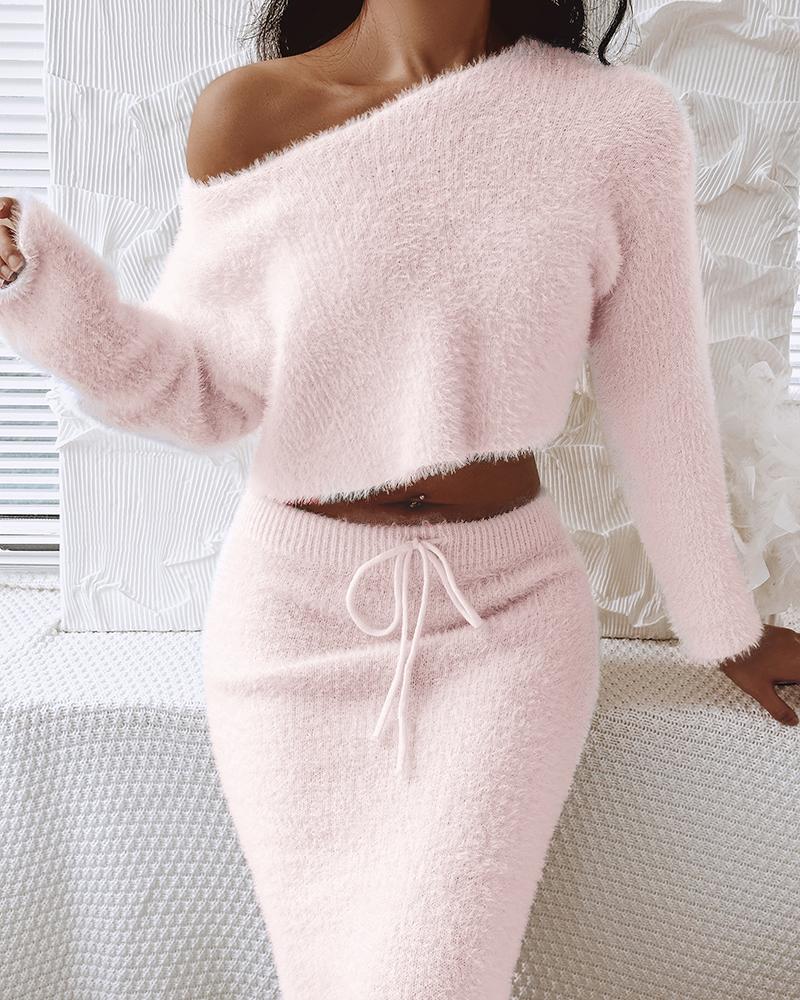 Skew Neck Fuzzy Knit Sweater & Skirt Set