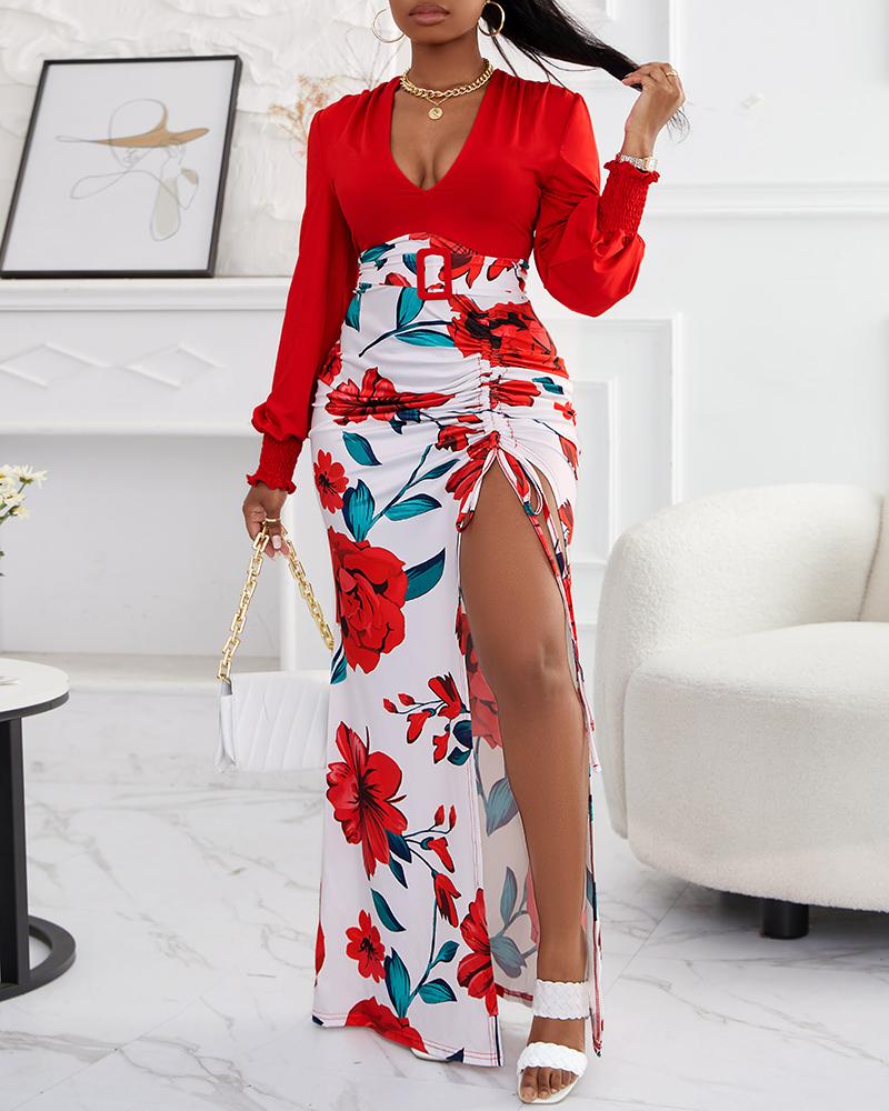 Floral Print Plunge High Slit Drawstring Maxi Dress