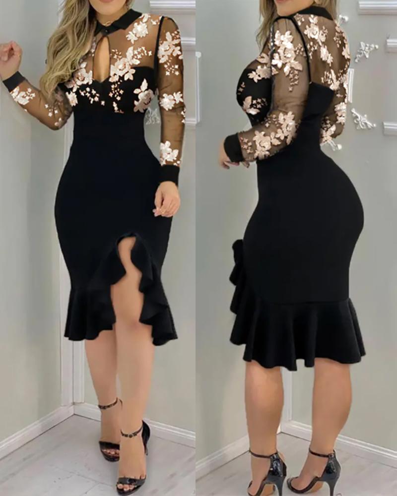 Floral Pattern Contrast Sequins Slit Ruffles Dress