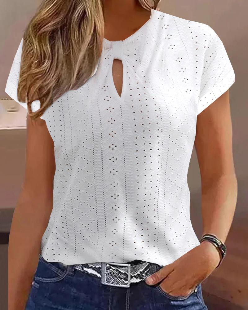 T-shirt & Tees Eyelet Embroidery Keyhole Neck Top