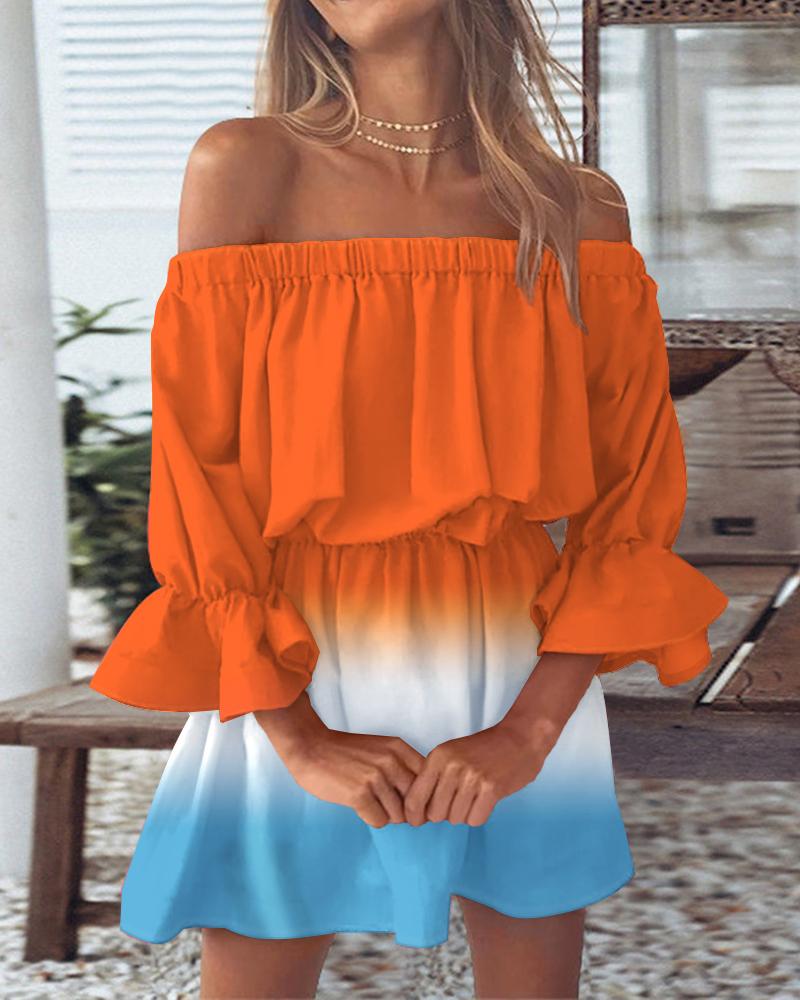 Ombre Off Shoulder Bell Sleeve Casual Dress