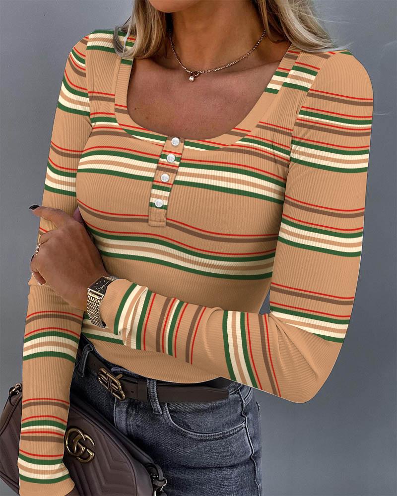 T-shirt & Tees Striped Print Long Sleeve Ribbed Top