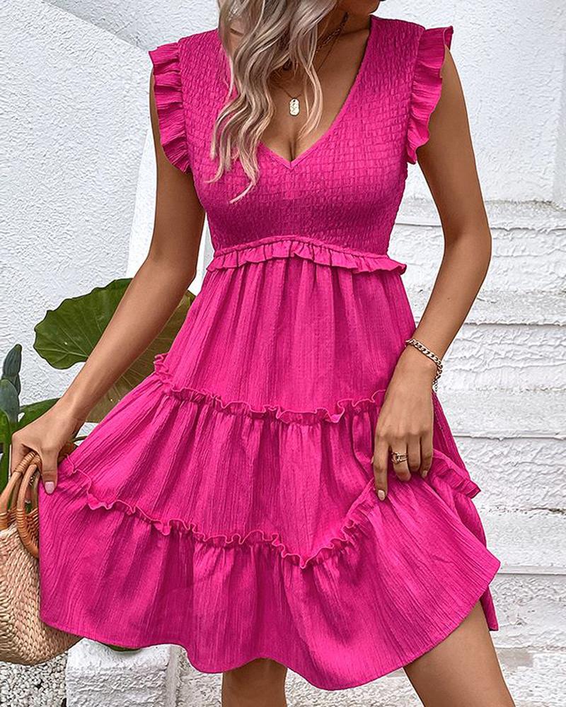 Shirred Frill Hem Casual Smock Dress