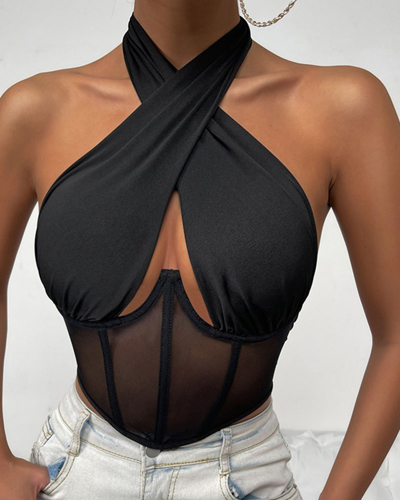 Crisscross Halter Sheer Mesh Crop Corset Top