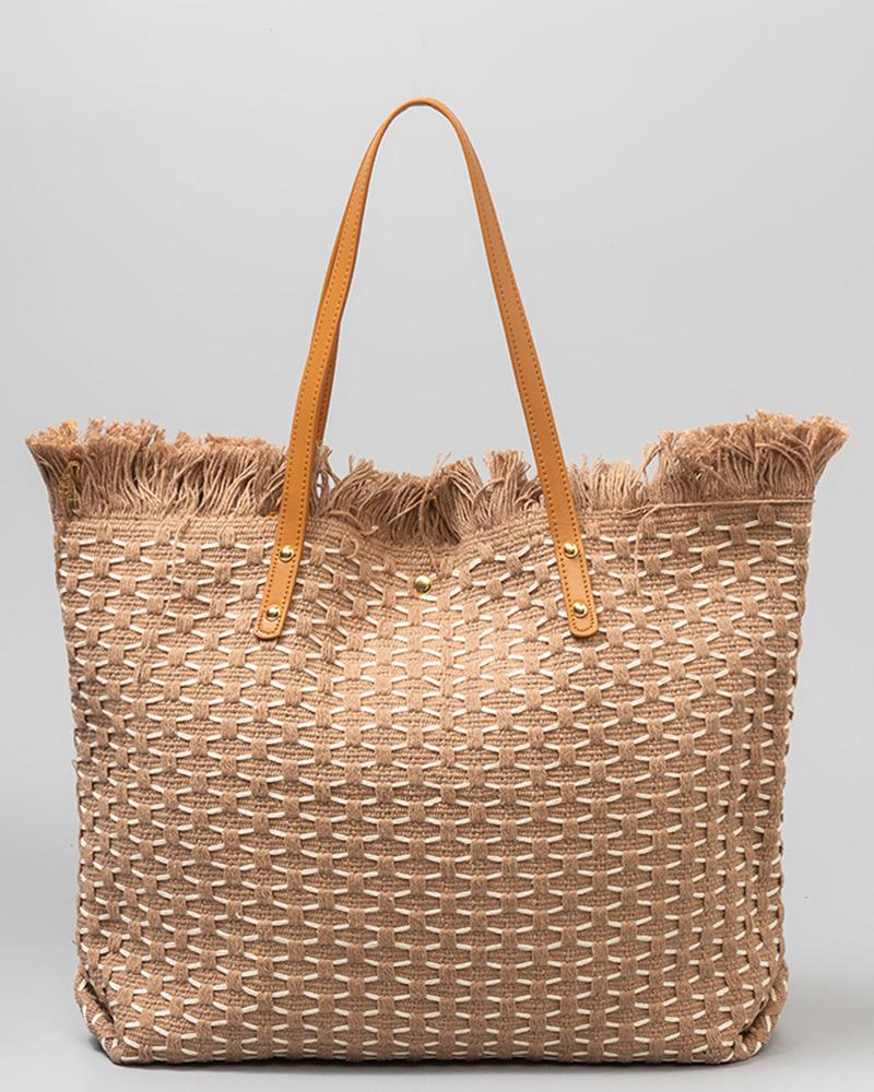 Plaid Large Capacity Tassel Braided Magnet Tote Bag